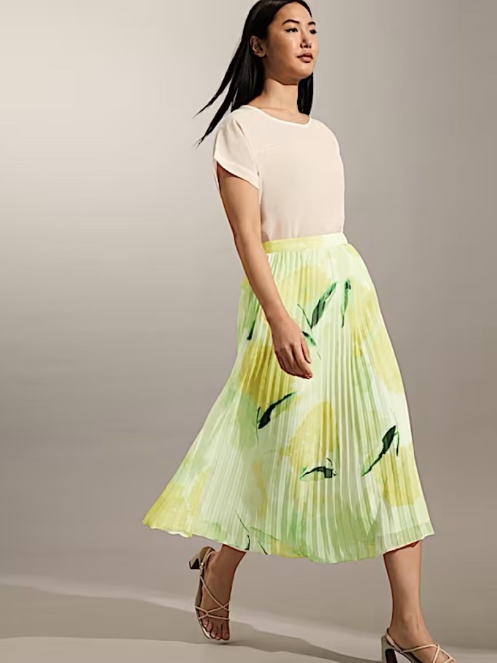 M&S JAEGER Yellow & Green Floral Pleated Georgette Midi Skirt Size US 4